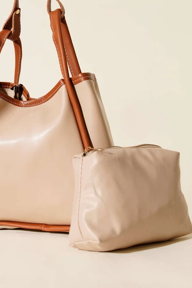 Çıtçıtlı Makyaj Çantalı Kadın El Çantası Bej Taba - Resim 3