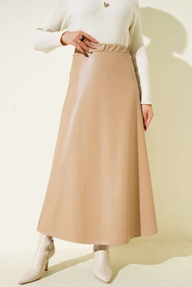 Bel Lastikli Kloş Basic Deri Etek Bej ürün görseli 1