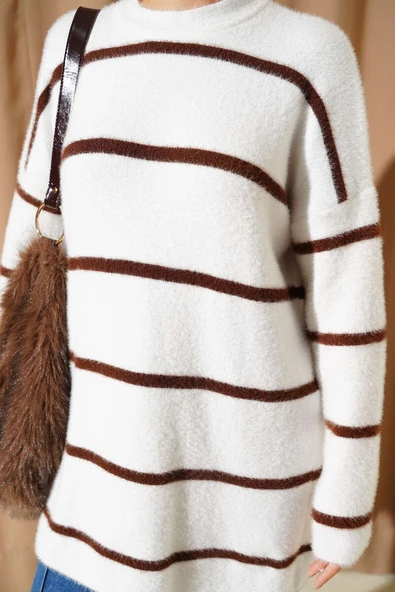 Yatay Çizgili Sakallı Triko Tunik Ekru - Resim 4