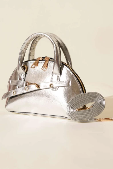 Fermuarlı Oval Mini El Çanta Gümüş ürün görseli 1