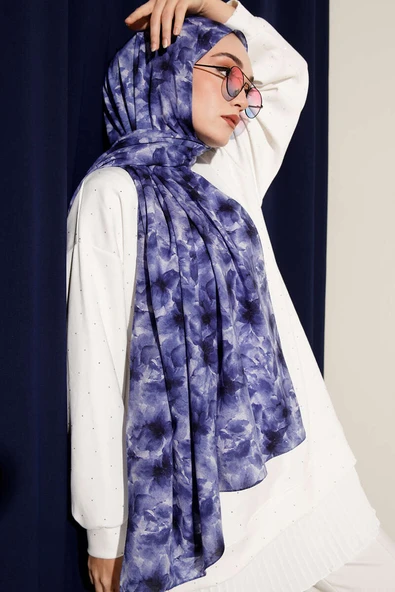 Çiçek Desenli Rami Şal Lacivert - Resim 2