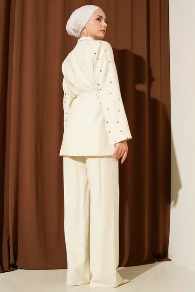 Zımbalı Ceketli Tencel İkili Takım Bej - Resim 3
