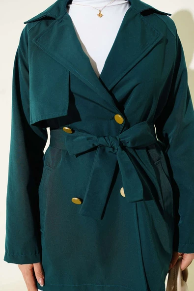 Tek Omuz Apoletli Düğmeli Trençkot Zümrüt - Resim 4