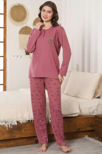 Ayıcık Nakışlı Fitilli Uzun Kollu Pijama Takımı Gül Kurusu - Resim 2