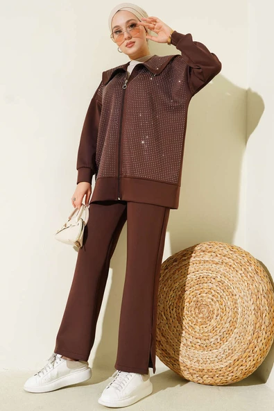 Önü Minik Taşlı Scuba İkili Takım Kahve ürün görseli 1