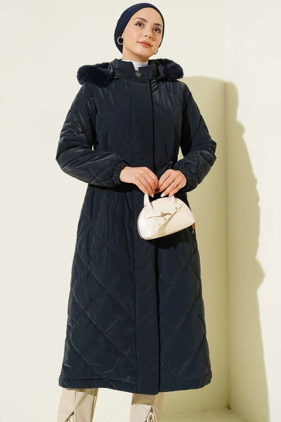 Baklava Kapitone Bel Tünelli Uzun Mont Lacivert - Resim 2