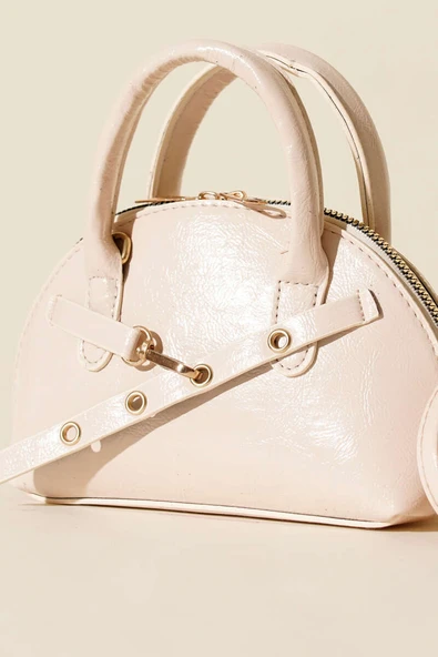 Fermuarlı Oval Mini El Çanta Krem - Resim 3