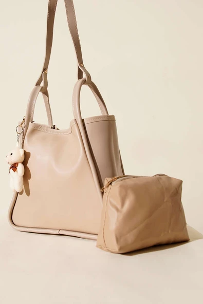 Çıtçıtlı Makyaj Çantalı Kadın El Çantası Bej ürün görseli 1