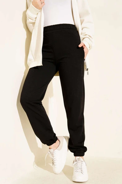 Los Angeles Nakışlı Şardonlu Pantolon Siyah ürün görseli 1