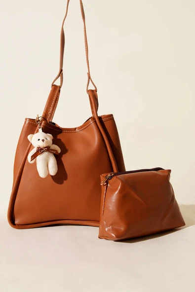 Çıtçıtlı Makyaj Çantalı Kadın El Çantası Taba - Resim 2