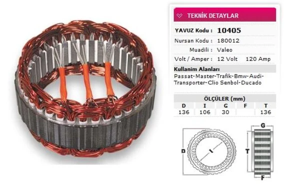 Renault Stator Valeo Tip 12v 120a Passat Master Trafıc Bmw Audı T Porter Clio Symbol Ducato Nursan 180012 - Yavuz 10 405 ürün görseli