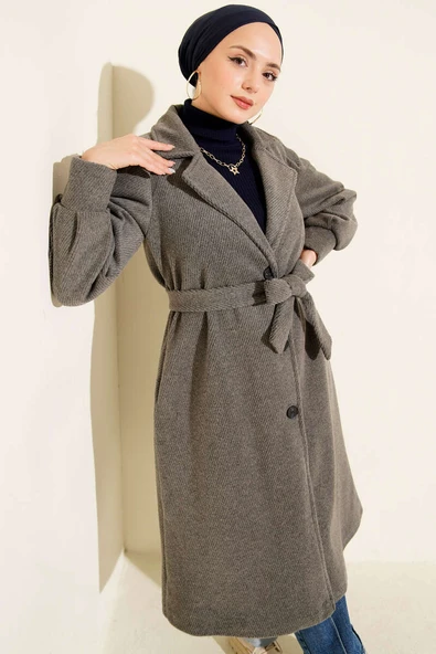 Kruvaze Yaka Kuşaklı Astarlı Kaşe Kaban Füme ürün görseli 1