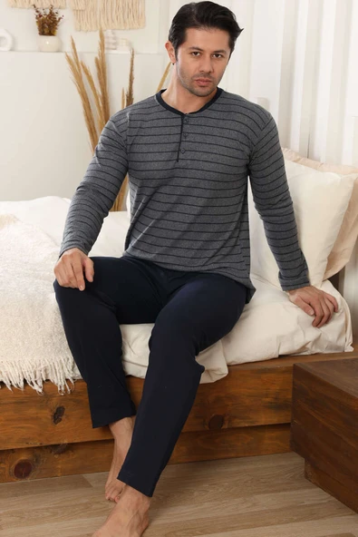 Yatay Çizgili Düğme Detaylı Erkek Pijama Takımı Füme ürün görseli 1