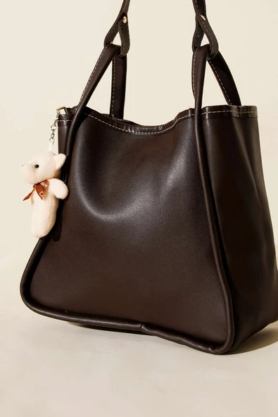 Çıtçıtlı Makyaj Çantalı Kadın El Çantası Acı Kahve - Resim 3