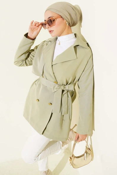 Tek Omuz Apoletli Düğmeli Trençkot Su Yeşili ürün görseli 1