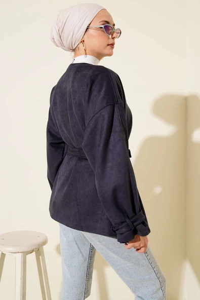 Tek Düğmeli Kuşaklı Süet Ceket Lacivert - Resim 3