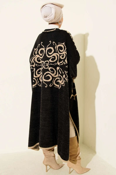 Angora Detaylı Yaka Düğmeli Panço Siyah - Resim 3