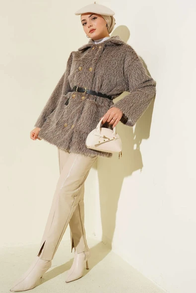 Gold Düğmeli Sakallı Kemerli Ceket Vizon - Resim 2