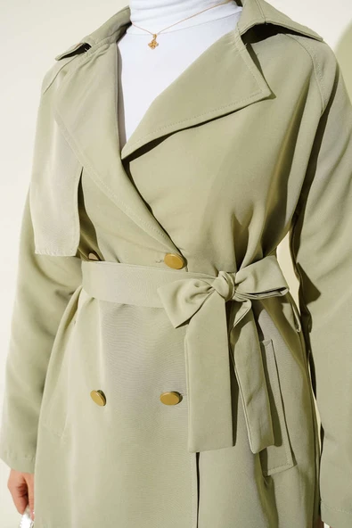 Tek Omuz Apoletli Düğmeli Trençkot Su Yeşili - Resim 4
