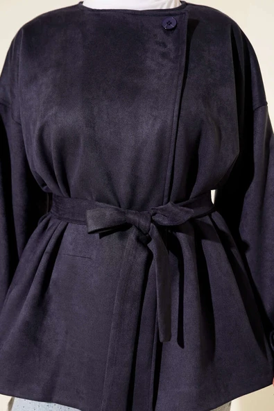 Tek Düğmeli Kuşaklı Süet Ceket Lacivert - Resim 4