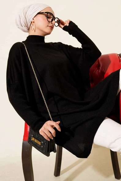 Kol Ribanalı Oversize Triko Tunik Siyah ürün görseli 1