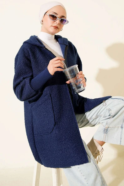 Bilek Ribanalı Kapüşonlu Buklet Hırka Lacivert ürün görseli 1