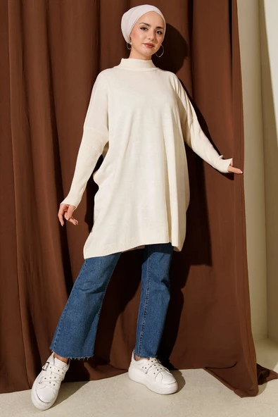 Kol Ribanalı Oversize Triko Tunik Bej - Resim 2