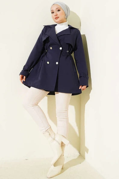 Bel Tünelli Kısa Trençkot Lacivert - Resim 2