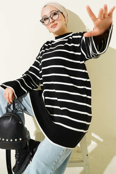 Yatay Çizgili Düşük Omuz Triko Tunik Siyah - Resim 2