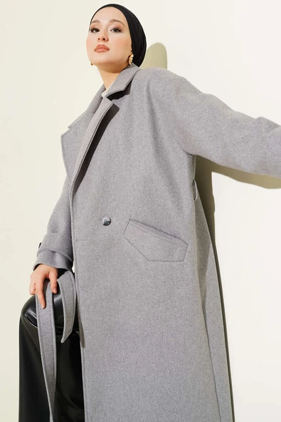 İki Düğmeli Kruvaze Yaka Kaşe Kaban Gri - Resim 2