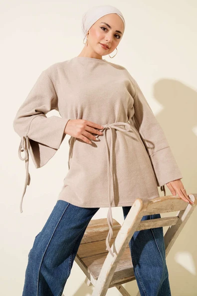 Bilek İpli Fitilli Kaşe Tunik Bej ürün görseli
