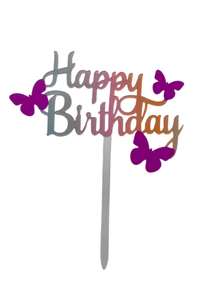 Pasta Üstü Çubuklu Happy Birthday Kelebek Renkli 11x12 cm - Resim 2