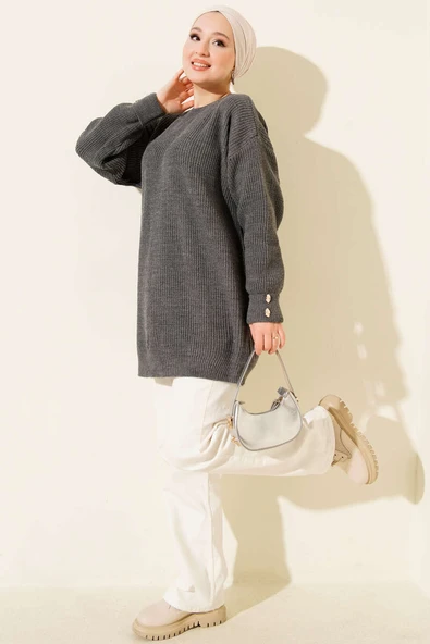 Kol Düğme Detaylı Triko Tunik Füme - Resim 2