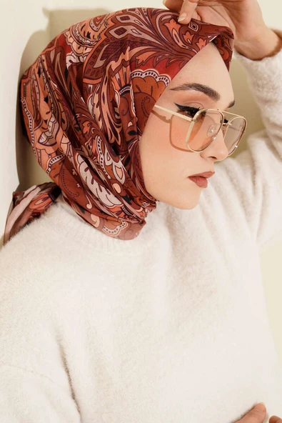 Retro Motifli Modal Eşarp Somon - Resim 1