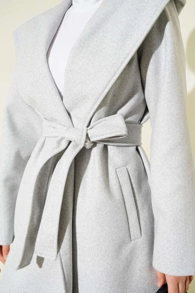 Kuşaklı Kapüşonlu Kaşe Kaban Gri - Resim 4