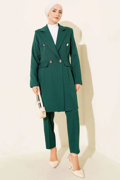 Kruvaze Yaka Blazer Ceketli İkili Takım Zümrüt Yeşili ürün görseli 1