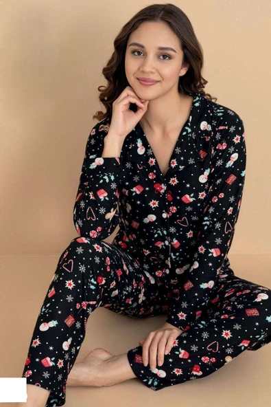Gömlek Yaka Desenli Süet Pijama Takımı Siyah ürün görseli 1