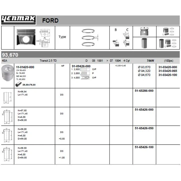 Ford Piston Segman 93.67mm 0.65 {farklı} Transıt Turbo 2.5 Td 100ps 97>01 - Yenmak 31-03420-065 ürün görseli 1