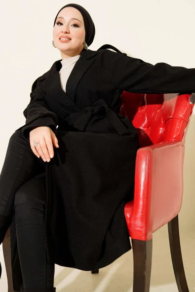 Kruvaze Yaka Omuz Apoletli Kaşe Kaban Siyah ürün görseli 1