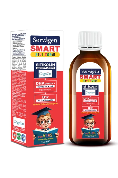 SORVAGEN SMART KİDS SIVI FORM SİTİKOLİN DHA OMEGA 3 NORVEÇ BALIK YAĞI VE B12 150 ML ürün görseli 1