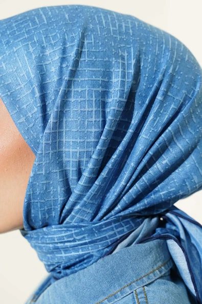 İnce Çizgi Desenli Demore Eşarp Mavi - Resim 4