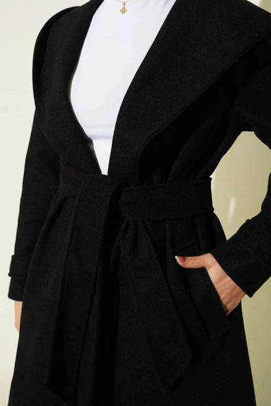 Kapüşonlu Düğmeli Kaşe Kaban Siyah - Resim 4