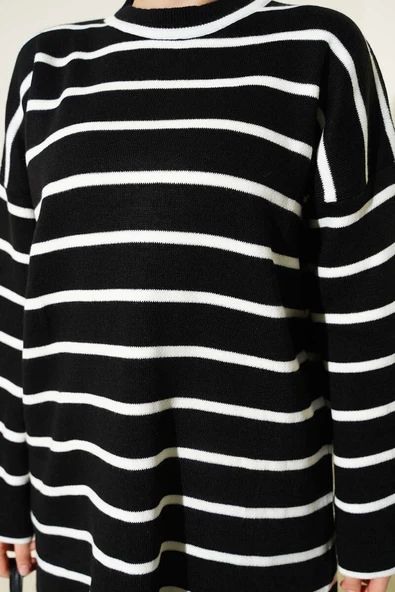 Yatay Çizgili Düşük Omuz Triko Tunik Siyah - Resim 4