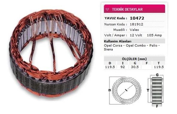 Opel Stator Valeo Tip 12v 105a Opel Corsa Opel Combo Palıo Siena Multıjet Gurubu Nursan 181912 - Yavuz 10 472 ürün görseli
