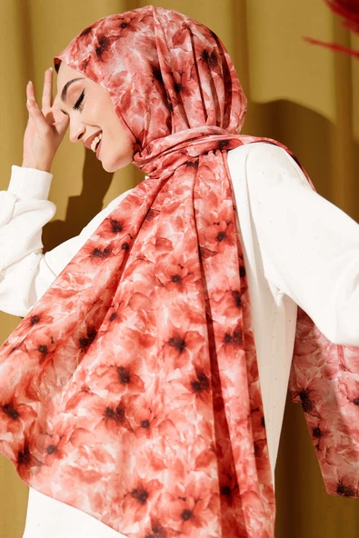 Çiçek Desenli Rami Şal Kiremit - Resim 2