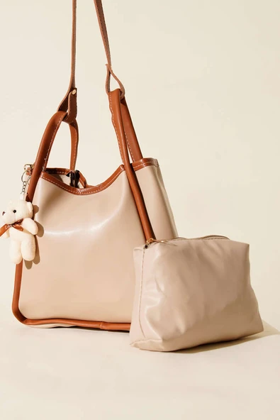 Çıtçıtlı Makyaj Çantalı Kadın El Çantası Bej Taba ürün görseli 1