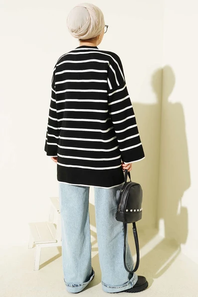 Yatay Çizgili Düşük Omuz Triko Tunik Siyah - Resim 3