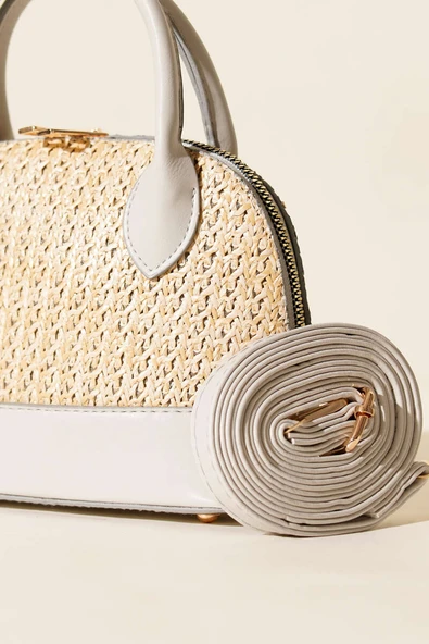Oval Hasır Detaylı Çanta Gri - Resim 3