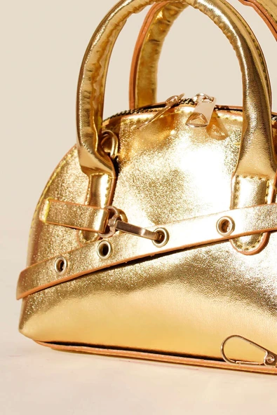 Fermuarlı Oval Mini El Çanta Gold - Resim 3