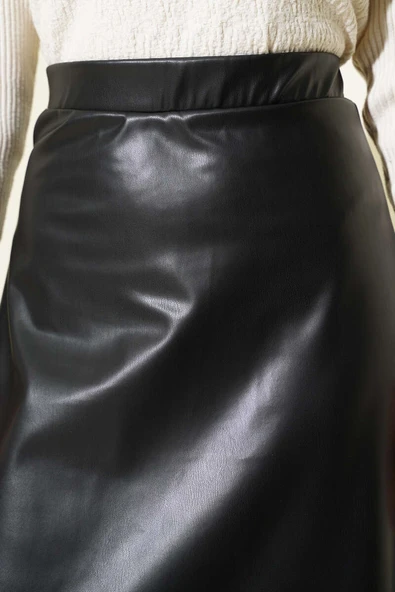 Bel Lastikli Kloş Basic Deri Etek Siyah - Resim 4